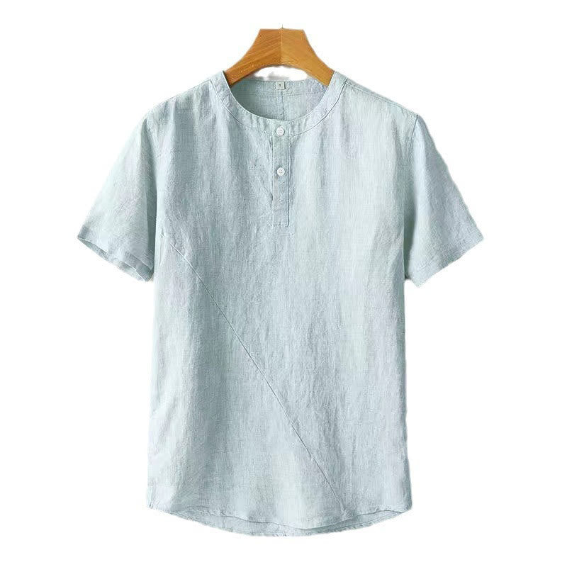 Chemise homme en coton et lin à manches courtes et deux boutons avec Buddha Stones de couleur unie - image 9