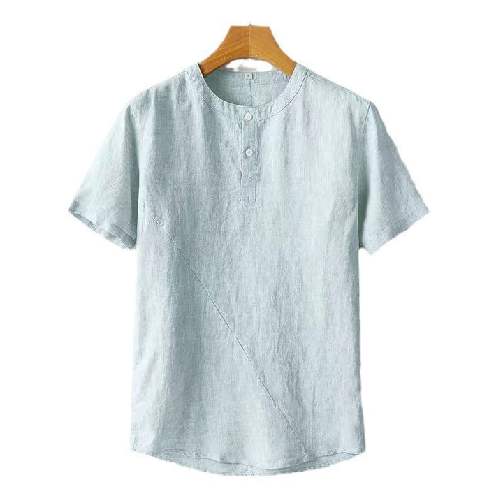 Chemise homme en coton et lin à manches courtes et deux boutons avec Buddha Stones de couleur unie - image 9