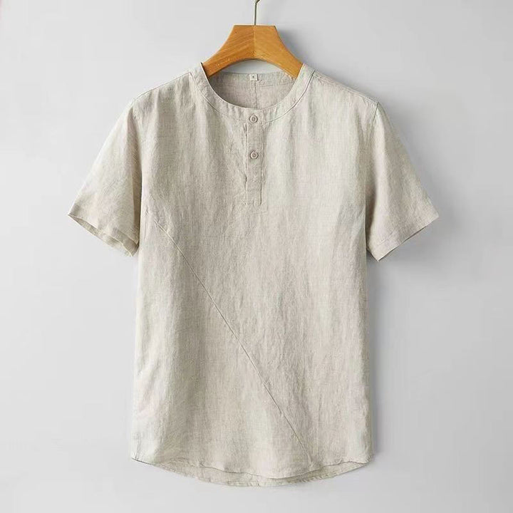 Chemise homme en coton et lin à manches courtes et deux boutons avec Buddha Stones de couleur unie - Beige - US/UK/AU44，EU54 (4XL) - image 6