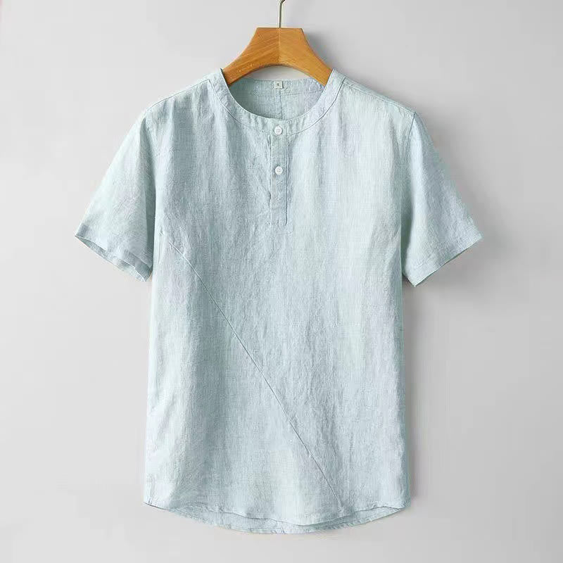 Chemise homme en coton et lin à manches courtes et deux boutons avec Buddha Stones de couleur unie - Bleu poudre - US/UK/AU44，EU54 (4XL) - image 8