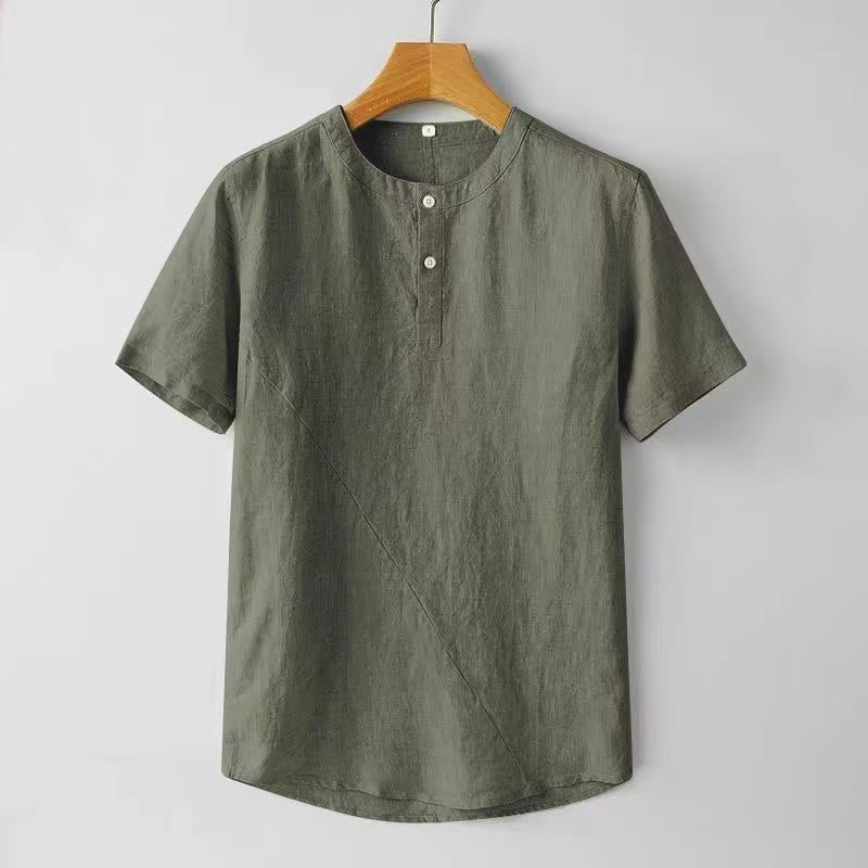 Chemise homme en coton et lin à manches courtes et deux boutons avec Buddha Stones de couleur unie - Olive - US/UK/AU44，EU54 (4XL) - image 10