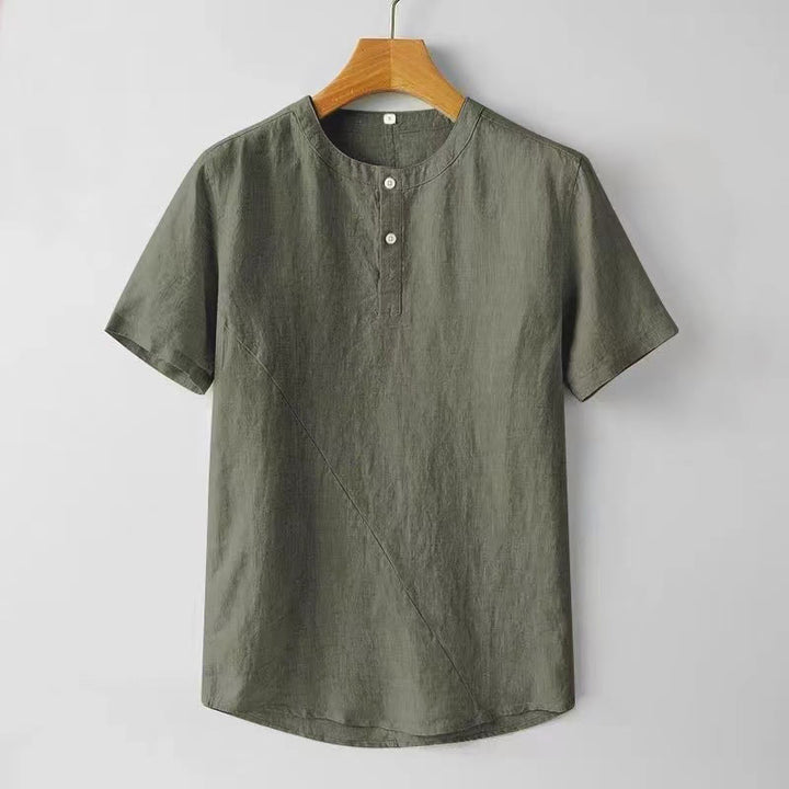 Chemise homme en coton et lin à manches courtes et deux boutons avec Buddha Stones de couleur unie - Olive - US/UK/AU44，EU54 (4XL) - image 10