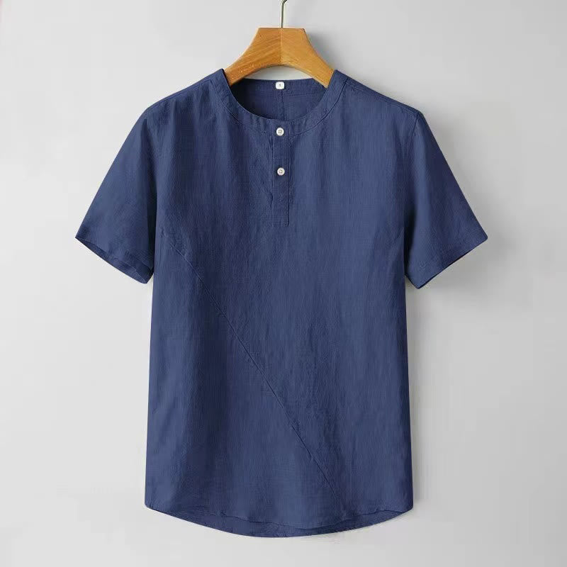 Chemise homme en coton et lin à manches courtes et deux boutons avec Buddha Stones de couleur unie - Bleu foncé - US/UK/AU44，EU54 (4XL) - image 0