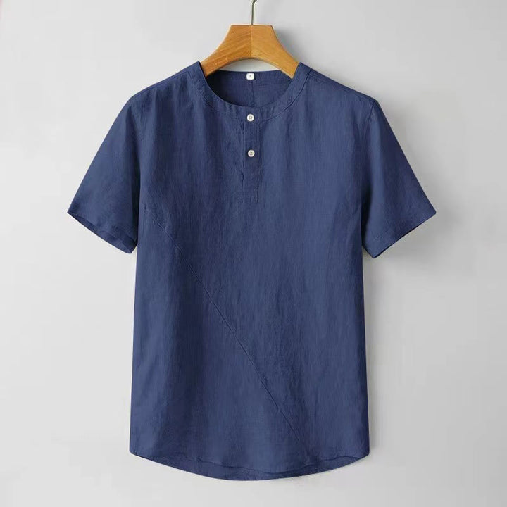 Chemise homme en coton et lin à manches courtes et deux boutons avec Buddha Stones de couleur unie - Bleu foncé - US/UK/AU44，EU54 (4XL) - image 0
