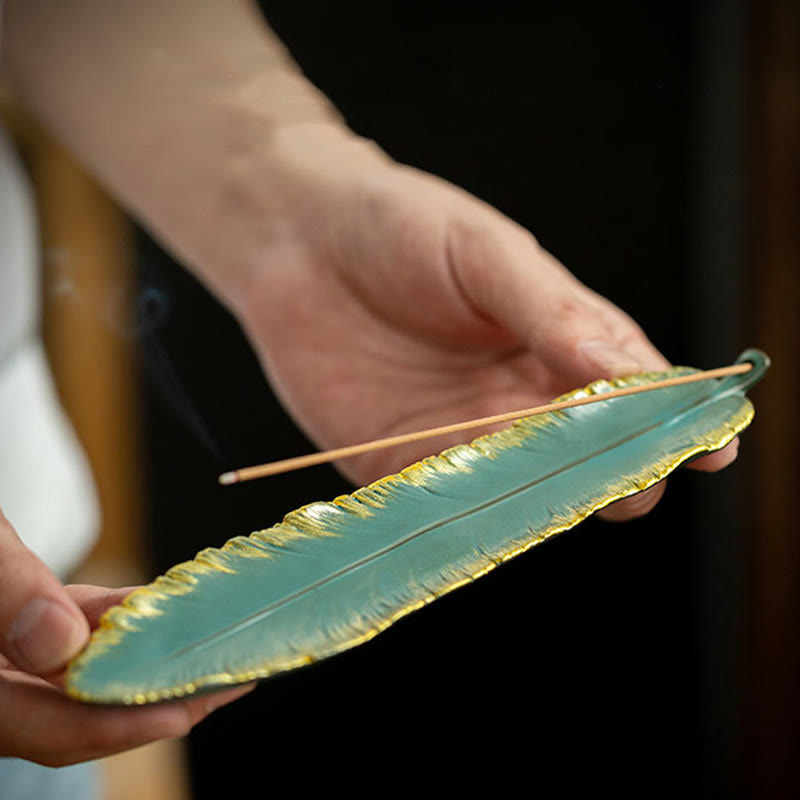 Brûleur d'encens en céramique avec plumes vertes et bordure dorée, Buddha Stones, décoration - image 5