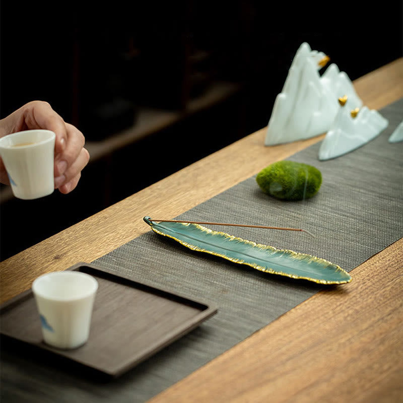Brûleur d'encens en céramique avec plumes vertes et bordure dorée, Buddha Stones, décoration - image 6