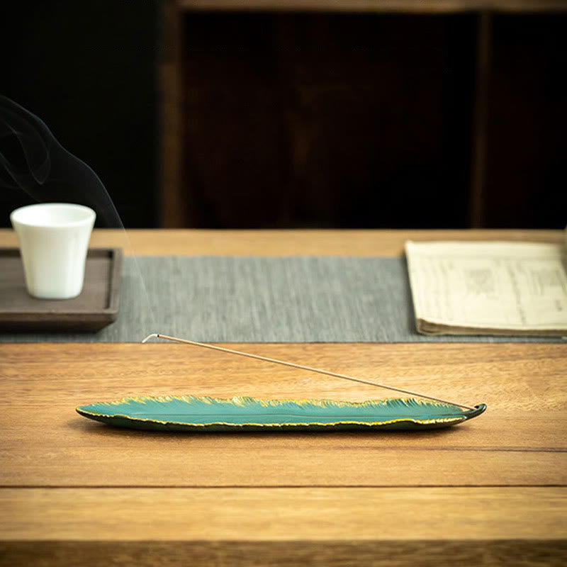 Brûleur d'encens en céramique avec plumes vertes et bordure dorée, Buddha Stones, décoration - image 7