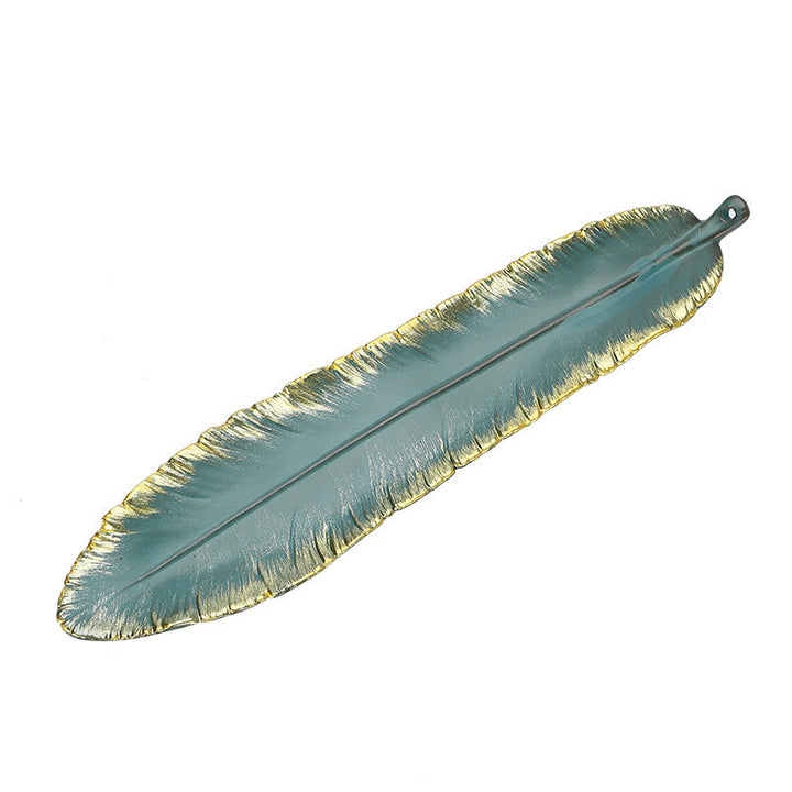 Brûleur d'encens en céramique avec plumes vertes et bordure dorée, Buddha Stones, décoration