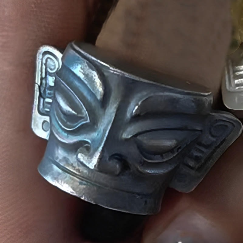 Bague de protection du masque Sanxingdui en argent sterling 999 moulée à la main avec Buddha Stones - Argent sterling 999 vintage - US10 - image 13