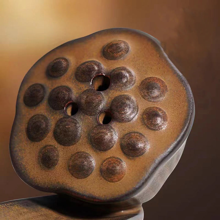 Brûleur d'encens en céramique marron Buddha Stones et gousse de lotus Zen Healing