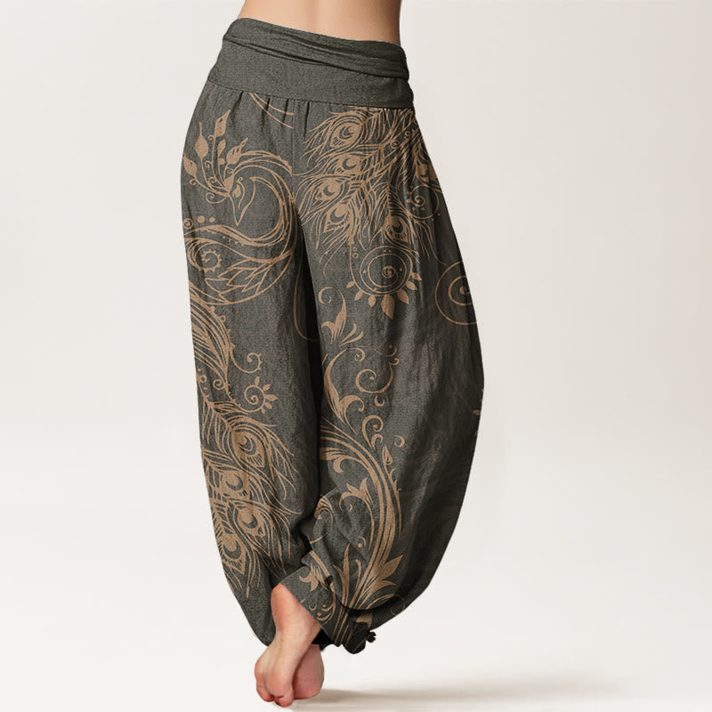 Pantalon sarouel décontracté à taille élastique avec motif paon et Buddha Stones pour femme - image 1