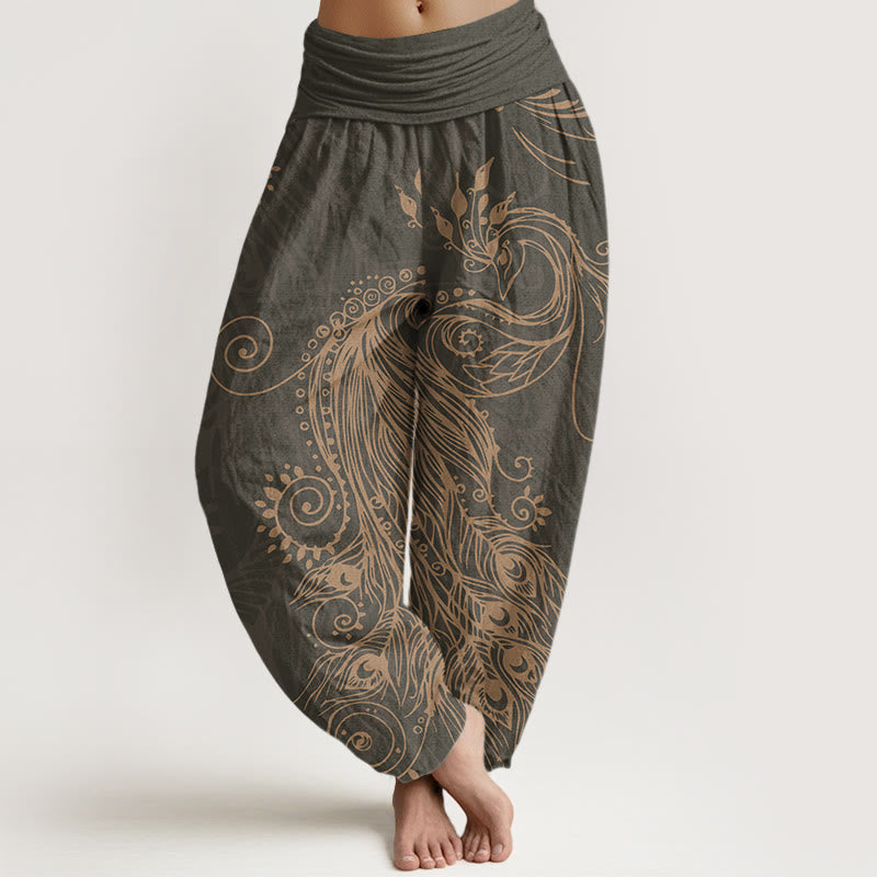 Pantalon harem décontracté en coton à motif paon et Buddha Stones, taille élastique pour femme - Gris terne - US22，UK/AU26，EU54 (6XL) - image 0