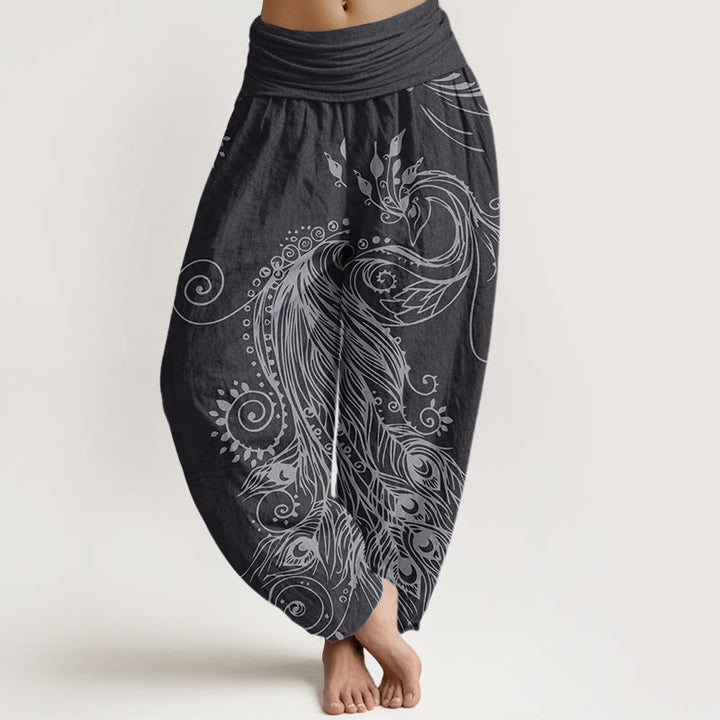 Pantalon harem décontracté en coton à motif paon et Buddha Stones, taille élastique pour femme - Noir - US22，UK/AU26，EU54 (6XL) - image 7