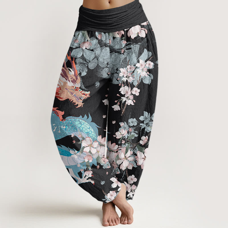 Pantalon harem décontracté en coton à motif de Buddha Stones , dragon et fleurs de cerisier, taille élastique pour femme - Noir - US22，UK/AU26，EU54 (6XL) - image 0