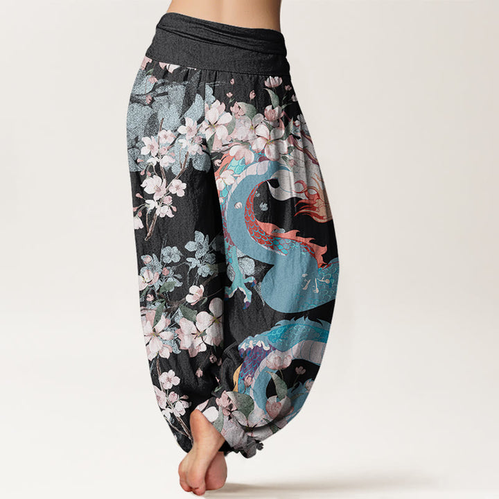 Pantalon harem décontracté en coton à motif de Buddha Stones , dragon et fleurs de cerisier, taille élastique pour femme - image 1