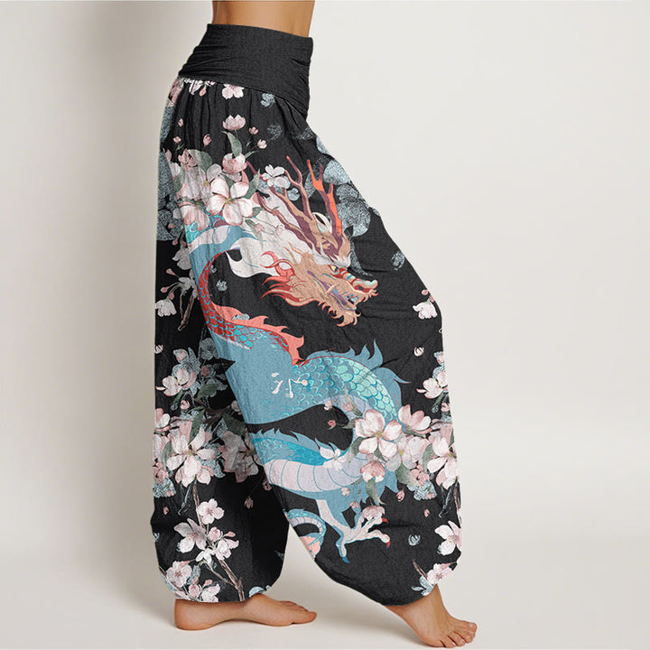 Pantalon Buddha Stones décontracté à taille élastique pour femme avec motif de dragon et de cerisier - image 3