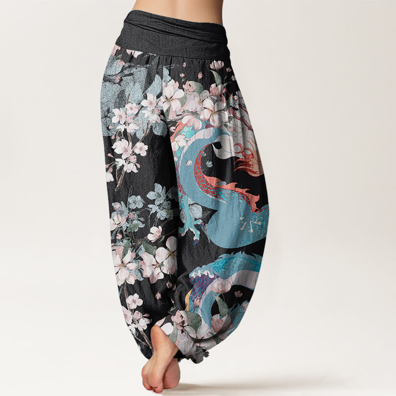 Pantalon harem décontracté en coton à motif de Buddha Stones , dragon et fleurs de cerisier, taille élastique pour femme - image 1