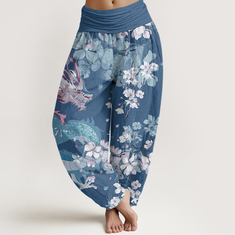 Pantalon Buddha Stones décontracté à taille élastique pour femme avec motif de dragon et de cerisier - Bleu acier - US22，UK/AU26，EU54 (6XL) - image 5