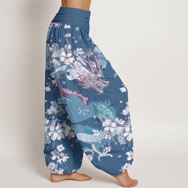 Pantalon harem décontracté en coton à motif de Buddha Stones , dragon et fleurs de cerisier, taille élastique pour femme - image 6