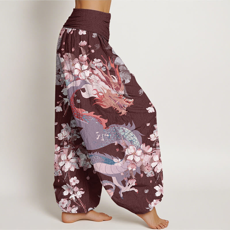 Pantalon harem décontracté en coton à motif de Buddha Stones , dragon et fleurs de cerisier, taille élastique pour femme - image 9