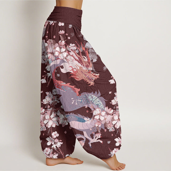Pantalon harem décontracté en coton à motif de Buddha Stones , dragon et fleurs de cerisier, taille élastique pour femme - image 9