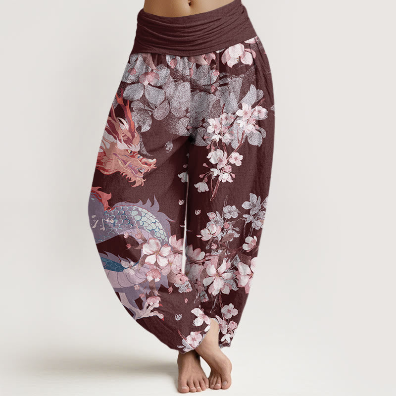 Pantalon harem décontracté en coton à motif de Buddha Stones , dragon et fleurs de cerisier, taille élastique pour femme - Bordeaux - US22，UK/AU26，EU54 (6XL) - image 7
