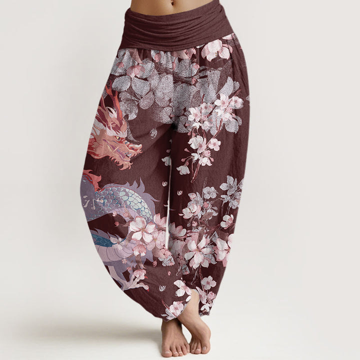 Pantalon harem décontracté en coton à motif de Buddha Stones , dragon et fleurs de cerisier, taille élastique pour femme - Bordeaux - US22，UK/AU26，EU54 (6XL) - image 7