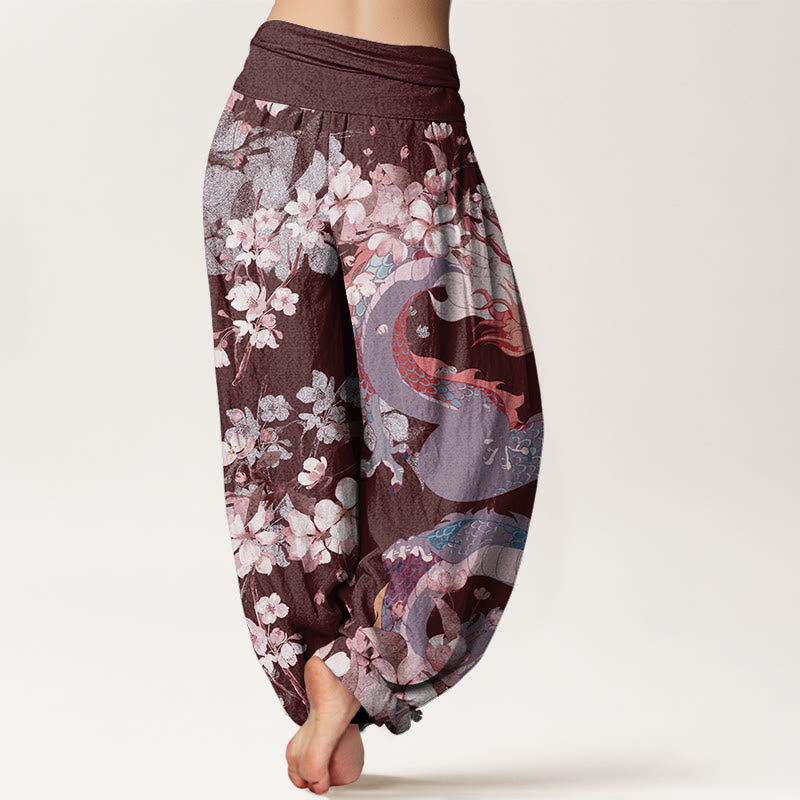 Pantalon Buddha Stones décontracté à taille élastique pour femme avec motif de dragon et de cerisier - image 8