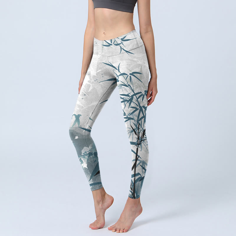 Pantalon de yoga pour femme avec leggings de sport imprimés en bambou et Buddha Stones - Fumée blanche - US18，UK/AU22，EU50 (4XL) - image 1