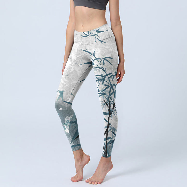Pantalon de yoga pour femme avec leggings de sport imprimés en bambou et Buddha Stones - Fumée blanche - US18，UK/AU22，EU50 (4XL) - image 1