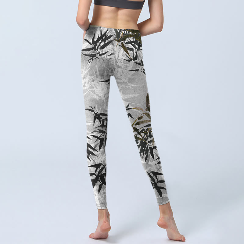 Leggings de sport à imprimé feuilles de bambou gris foncé Buddha Stones Pantalon de yoga pour femme - image 7