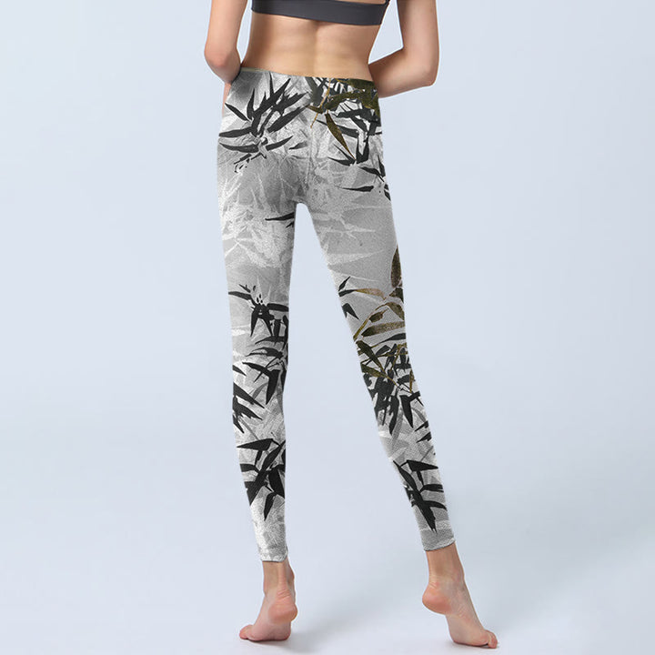 Leggings de sport à imprimé feuilles de bambou gris foncé Buddha Stones Pantalon de yoga pour femme - image 7