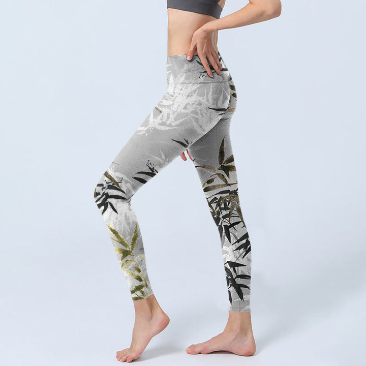 Leggings de sport à imprimé feuilles de bambou gris foncé Buddha Stones Pantalon de yoga pour femme - image 3