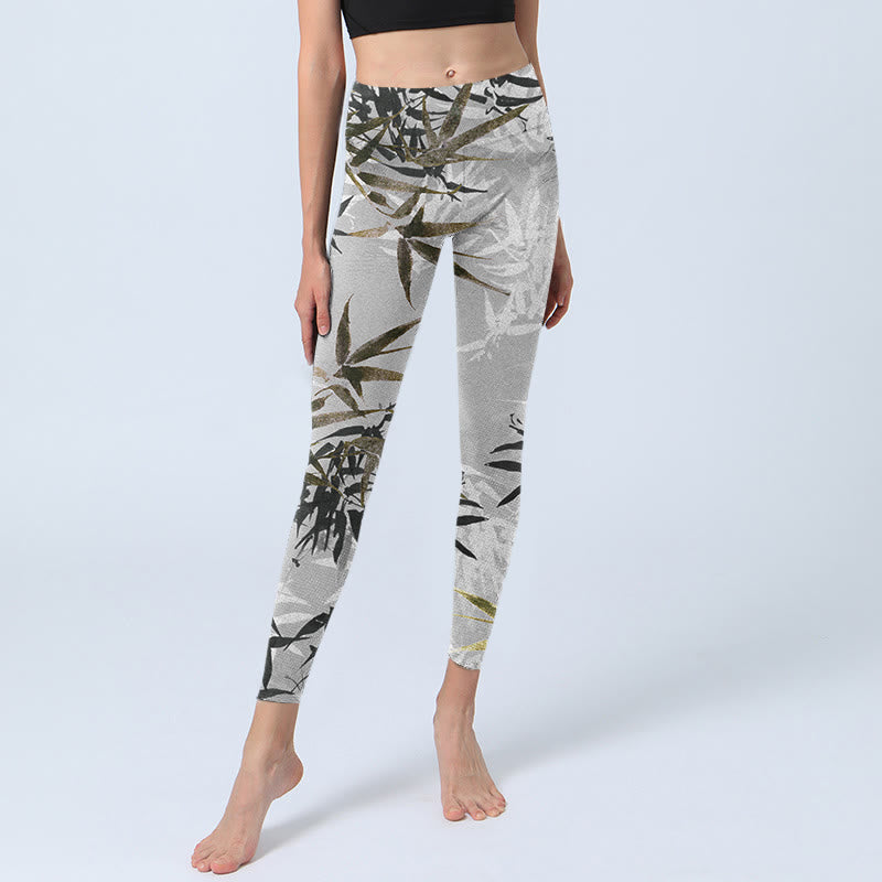 Leggings de sport à imprimé feuilles de bambou gris foncé Buddha Stones Pantalon de yoga pour femme - image 6
