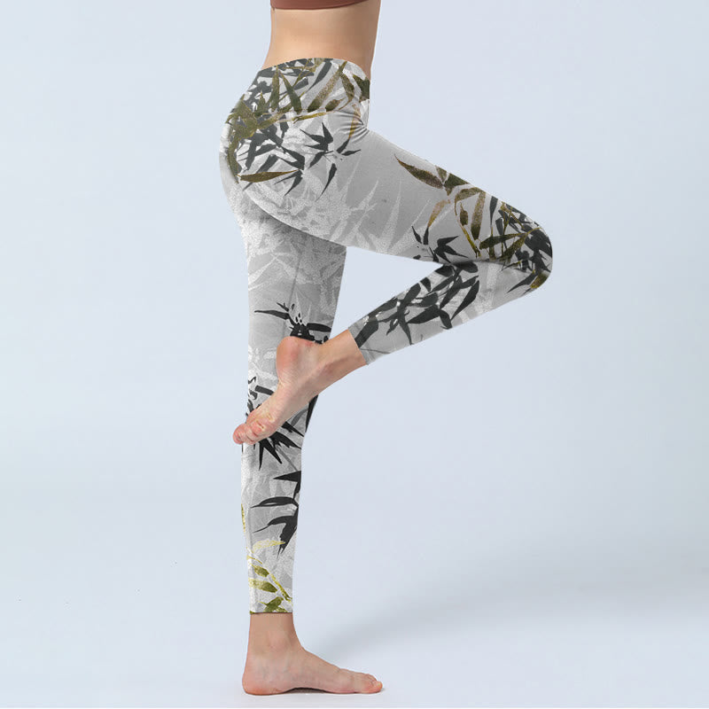 Leggings de sport à imprimé feuilles de bambou gris foncé Buddha Stones Pantalon de yoga pour femme - image 4