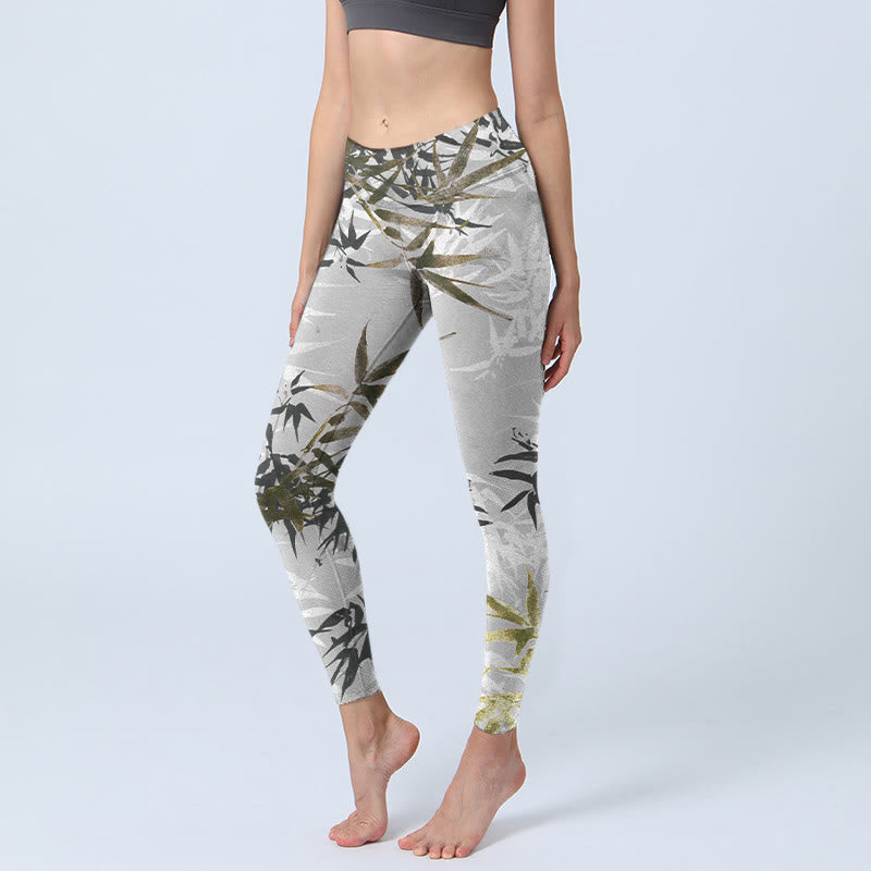 Leggings de sport à imprimé feuilles de bambou gris foncé Buddha Stones Pantalon de yoga pour femme - Gris foncé - US18，UK/AU22，EU50 (4XL) - image 1