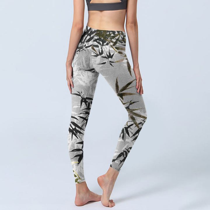 Leggings de sport à imprimé feuilles de bambou gris foncé Buddha Stones Pantalon de yoga pour femme - image 5