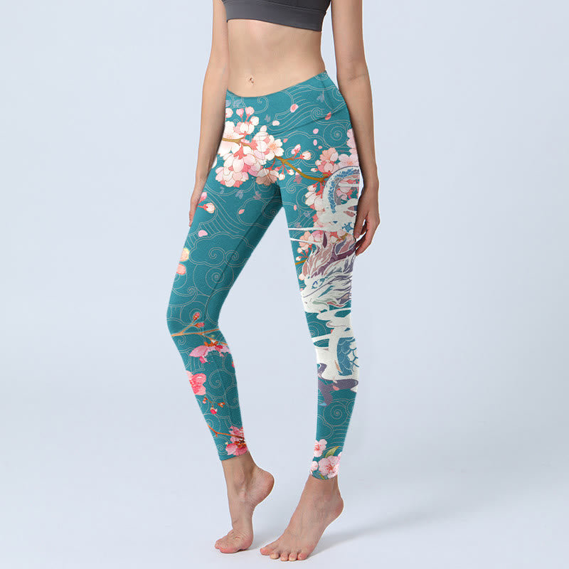 Leggings de sport à imprimé Buddha Stones Dragon Cherry Blossoms Pantalon de yoga pour femme - CadetBlue - US18，UK/AU22，EU50 (4XL) - image 1