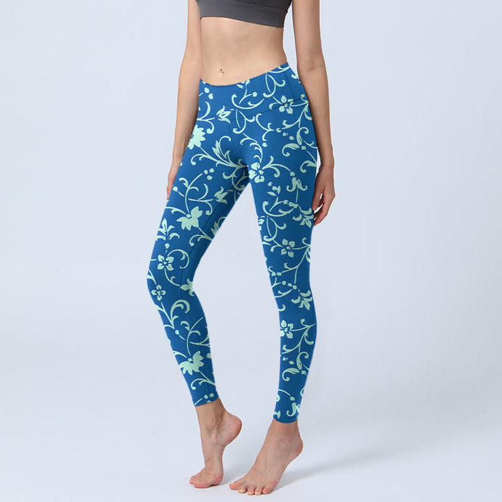 Leggings de sport à imprimé Buddha Stones Vine Plants Flowers Pantalon de yoga pour femme - Bleu acier - US18，UK/AU22，EU50 (4XL) - image 1