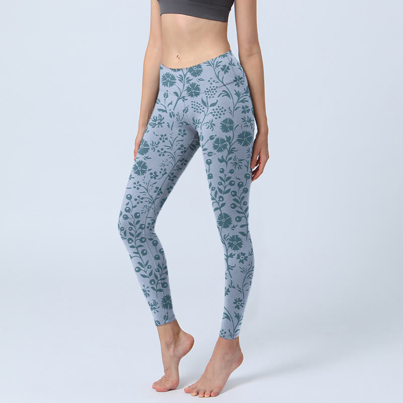 Leggings de sport à imprimé fleurs luxuriantes et plantes de Buddha Stones Pantalons de yoga pour femmes - Bleu acier clair - US18，UK/AU22，EU50 (4XL) - image 0