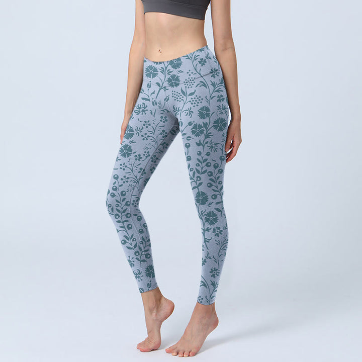 Leggings de sport à imprimé fleurs luxuriantes et plantes de Buddha Stones Pantalons de yoga pour femmes - Bleu acier clair - US18，UK/AU22，EU50 (4XL) - image 0