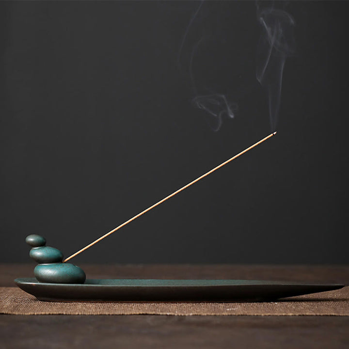 Buddha Stones Trois pierres Vagues Papillon Bambou Guérison Bâton en céramique Brûleur d'encens Décoration - Trois pierres 24,2*4,6*5,6 cm - image 0