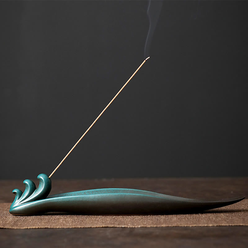 Buddha Stones Trois pierres Vagues Papillon Bambou Guérison Bâton en céramique Brûleur d'encens Décoration - Waves 24,2*4*3,5 cm - image 7