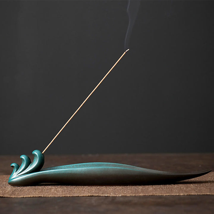 Buddha Stones Trois pierres Vagues Papillon Bambou Guérison Bâton en céramique Brûleur d'encens Décoration - Waves 24,2*4*3,5 cm - image 7