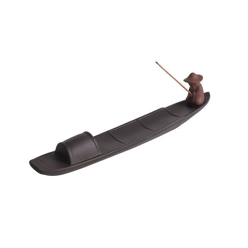 Brûleur d'encens en céramique en forme de bateau de pêcheur en Buddha Stones, argile violette, guérison de la paix, décoration