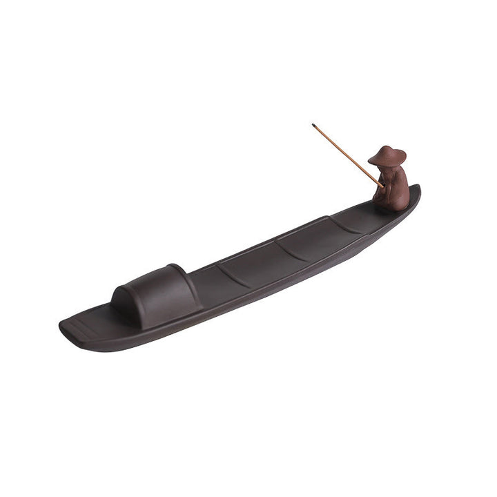 Brûleur d'encens en céramique en forme de bateau de pêcheur en Buddha Stones, argile violette, guérison de la paix, décoration