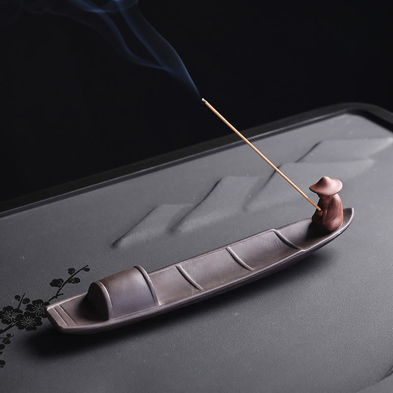 Brûleur d'encens en céramique en forme de bateau de pêcheur en Buddha Stones, argile violette, guérison de la paix, décoration