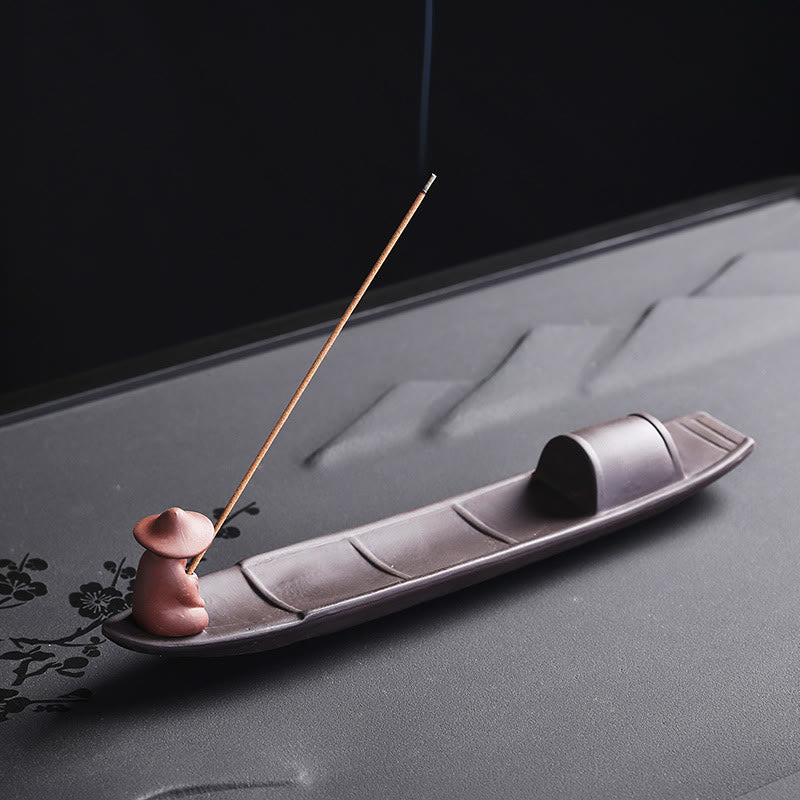 Brûleur d'encens en céramique en forme de bateau de pêcheur en Buddha Stones, argile violette, guérison de la paix, décoration