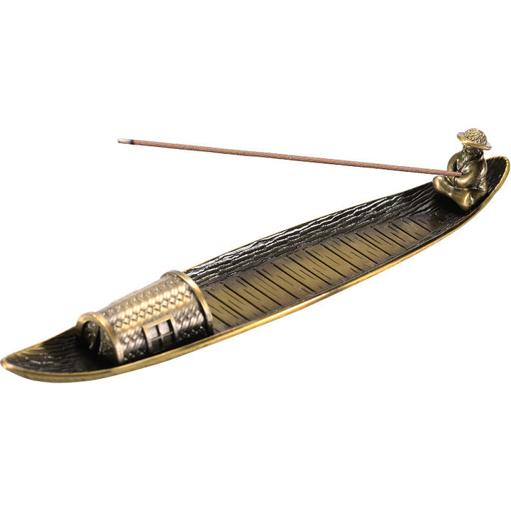 Porte-encens en alliage en forme de bateau de pêcheur en Buddha Stones , brûleur d'encens de guérison, décoration