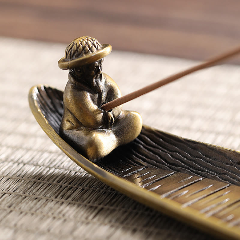 Porte-encens en alliage en forme de bateau de pêcheur en Buddha Stones , brûleur d'encens de guérison, décoration